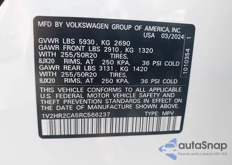 2024 Volkswagen Atlas 2.0T Se W/Technology из США, поврежденный, VIN 1V2HR2CA5RC566237